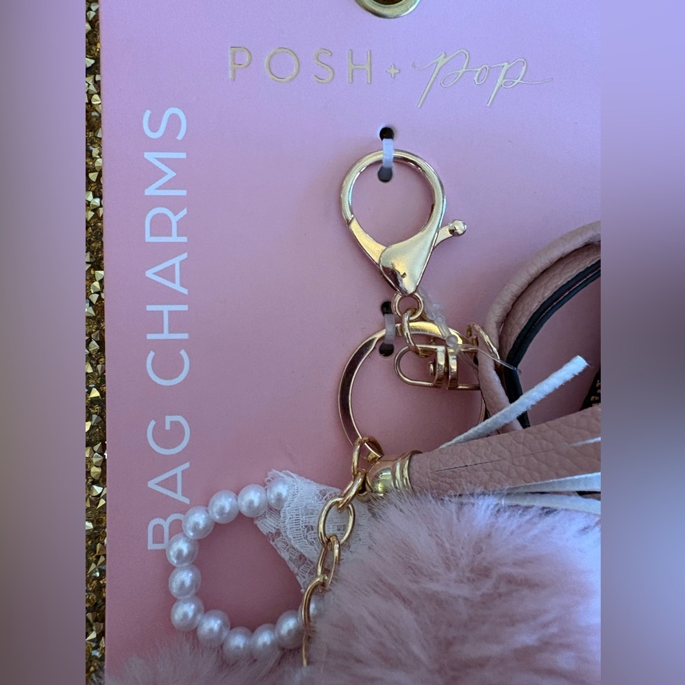 Posh + Pop NWT Pink Mini Handbag Key & Card Holder with Faux Fur Pom Charms - Picture 3 of 6